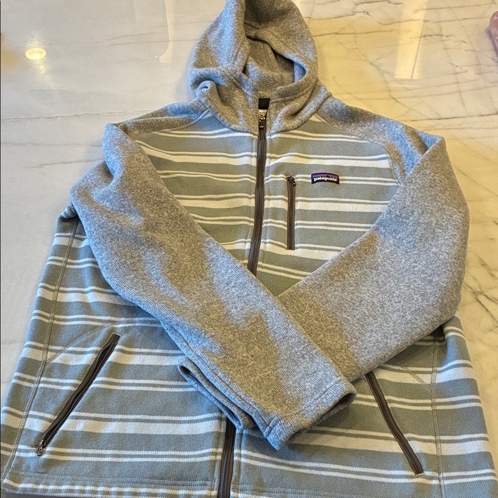 Patagonia Gray and White Striped Zip-Up Sweater